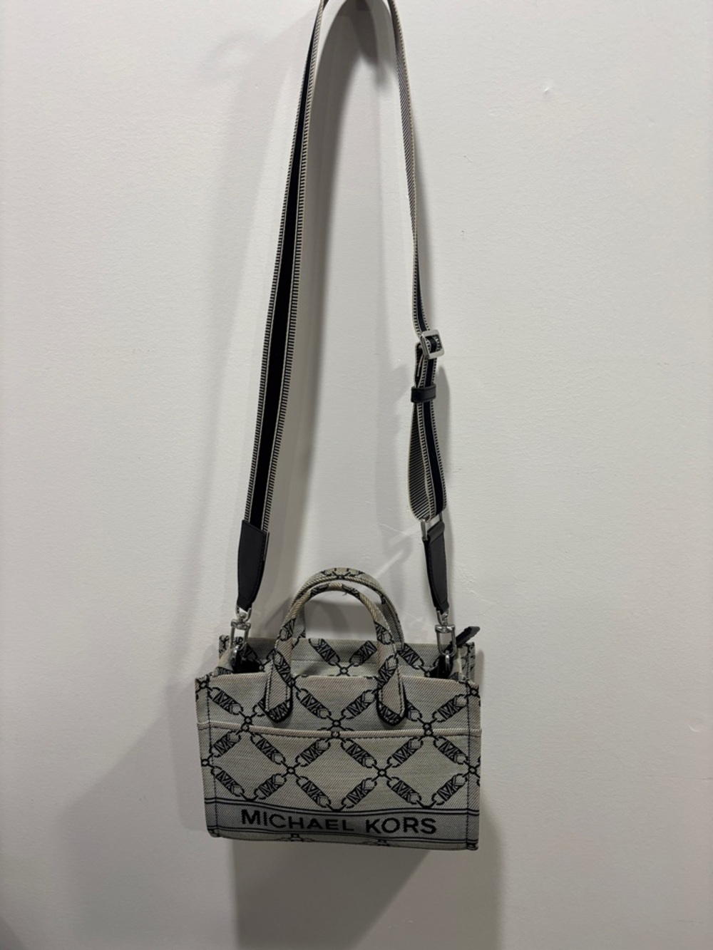 Michael Kors Cream & Black Logo Mini Tote with Striped Strap
